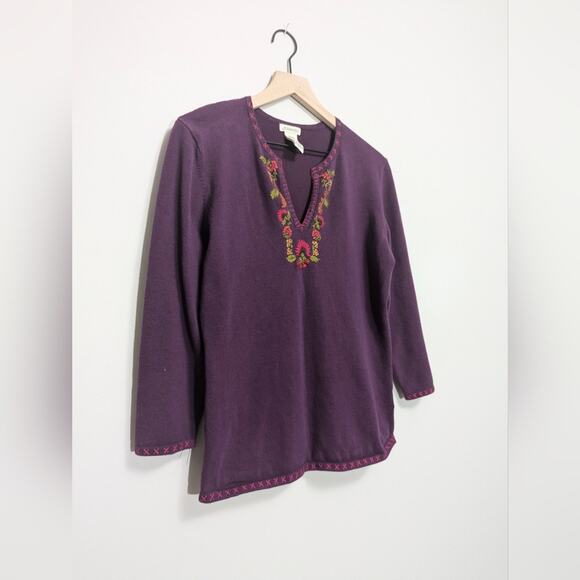 St John's Bay Purple embroidered fall themed v neck sweater size Medium - Picture 1 of 5